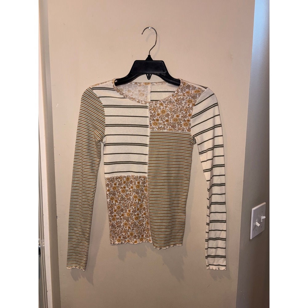 American Eagle Womens XS Patchwork Floral Striped Ribbed Lettuce Edge Top Green
